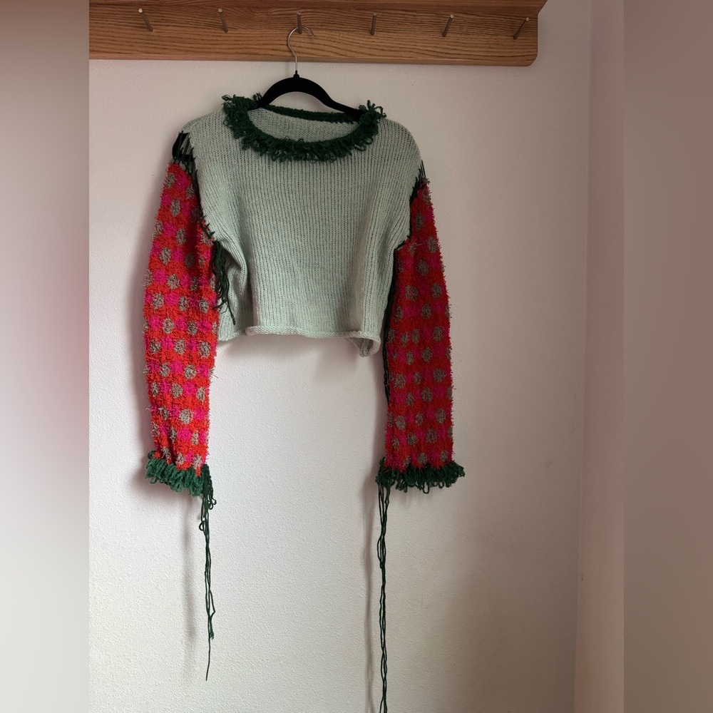 Fun Colorful Knit Sweater with Patterned Sleeves